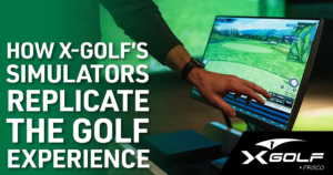 How X-Golf Frisco replicates the best golf experiences with a hand touching a laptop of a golf course 