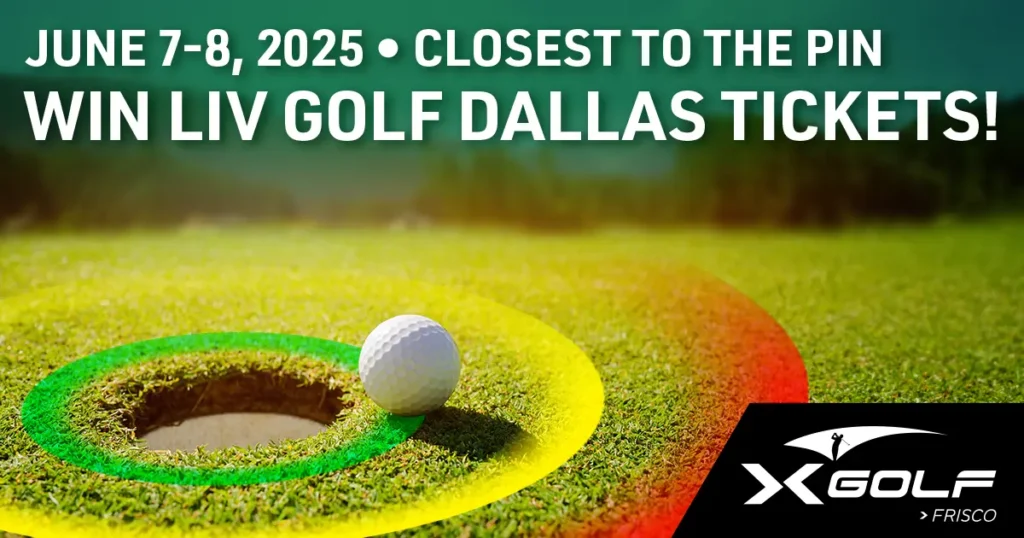 Color-ringed putting green with golf ball near hole and event text: June 7–8, 2025 – Win LIV Golf Dallas Tickets.
