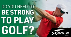 do you need to be strong to play golf? the x-golf frisco indoor event location spot tries to anser that question with an image of a man playing golf in a red tshirt.