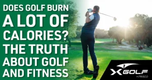 Golfer finishing a golf swing on a sunny golf course with text that reads “Does golf burn a lot of calories? The truth about golf and fitness.” Image highlights the physical benefits of X-Golf Frisco's indoor golf simulator experience.