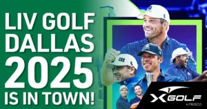 Collage of LIV Golf players smiling and celebrating, with overlaid text reading “LIV Golf Dallas 2025 Is In Town!” and the X-Golf Frisco logo.