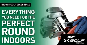 Golf clubs and glove in a bag promoting indoor golf essentials at X-Golf Rockwall, related to LIV Golf Dallas 2025 indoor practice and play opportunities