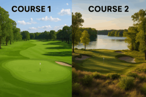 Two golf courses that look very different from one another, one is green on eis brown. One has strubs and one has trees.