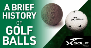 A brief history of golf balls by X-Golf Frisco showing two balls, one for indoor golf simulators and one for old times as it is dirty