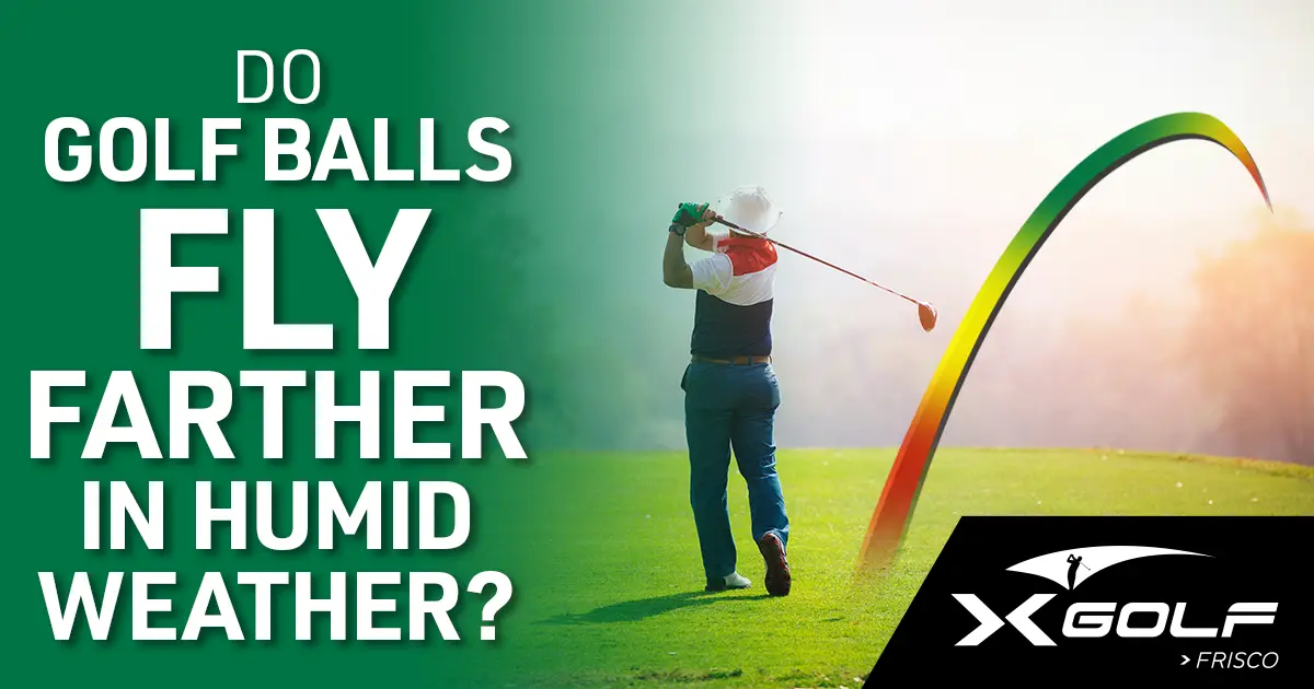 Golfer swinging with a colorful arc showing the ball’s flight path through humid air.