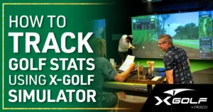 How to Track Golf Stats Using X-Golf Simulator. Friends review performance data at an indoor simulator bay.