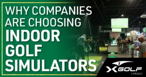 Why Companies Are Choosing Indoor Golf Simulators. Groups gather across multiple bays at a busy X-Golf facility.