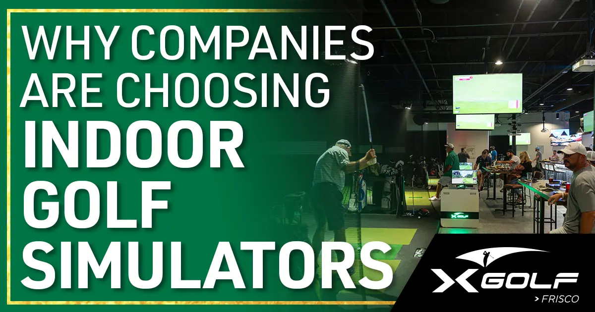 Why Companies Are Choosing Indoor Golf Simulators. Groups gather across multiple bays at a busy X-Golf facility.
