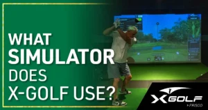 What Simulator Does X-Golf Use? Golfer demonstrates a backswing in front of a large projection screen.