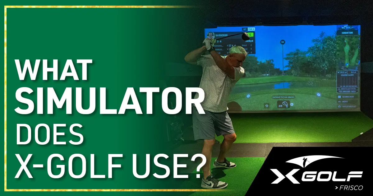 What Simulator Does X-Golf Use? Golfer demonstrates a backswing in front of a large projection screen.