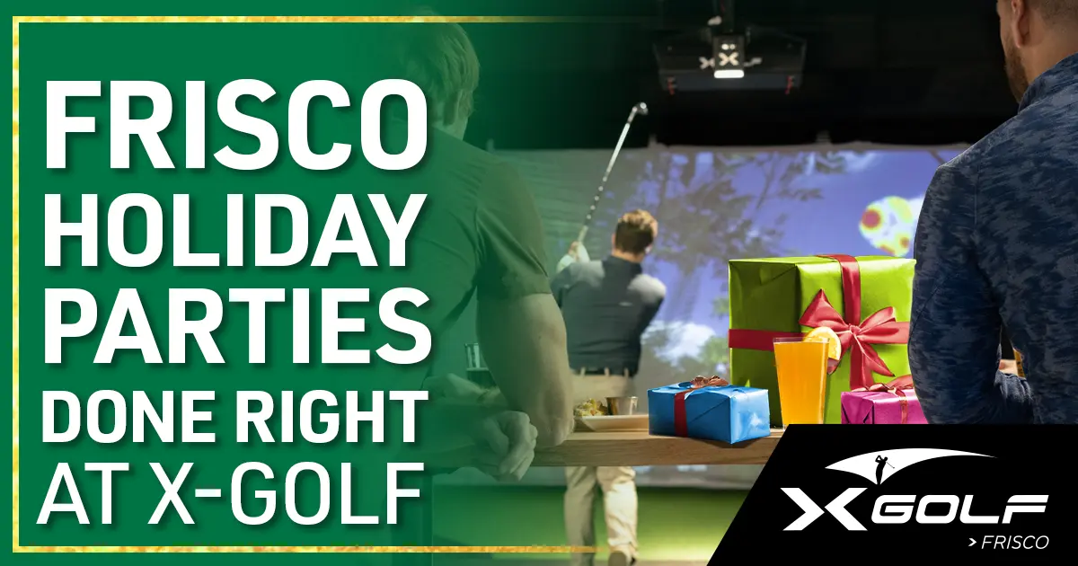 Frisco Holiday Parties Done Right at X-Golf. Guests playing golf simulator with holiday gifts and food. X-Golf Frisco.