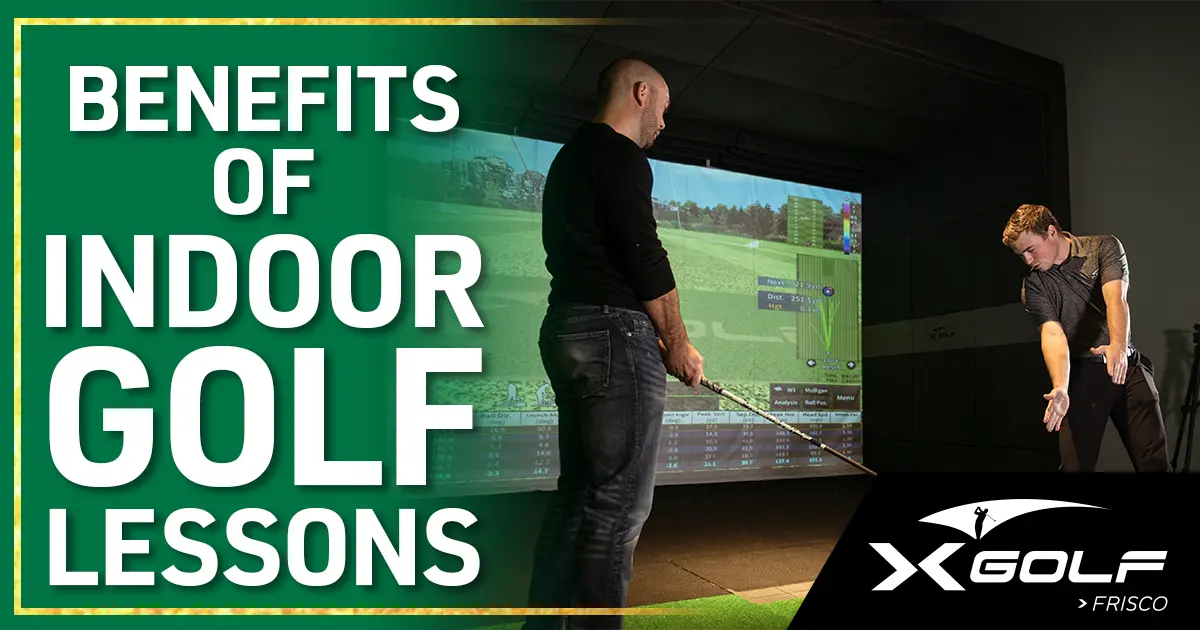 Benefits of Indoor Golf Lessons. Instructor watches student practice swing with simulator data displayed.