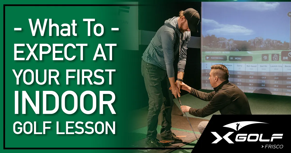 What To Expect at Your First Indoor Golf Lesson. Instructor adjusting student grip at X-Golf Frisco.