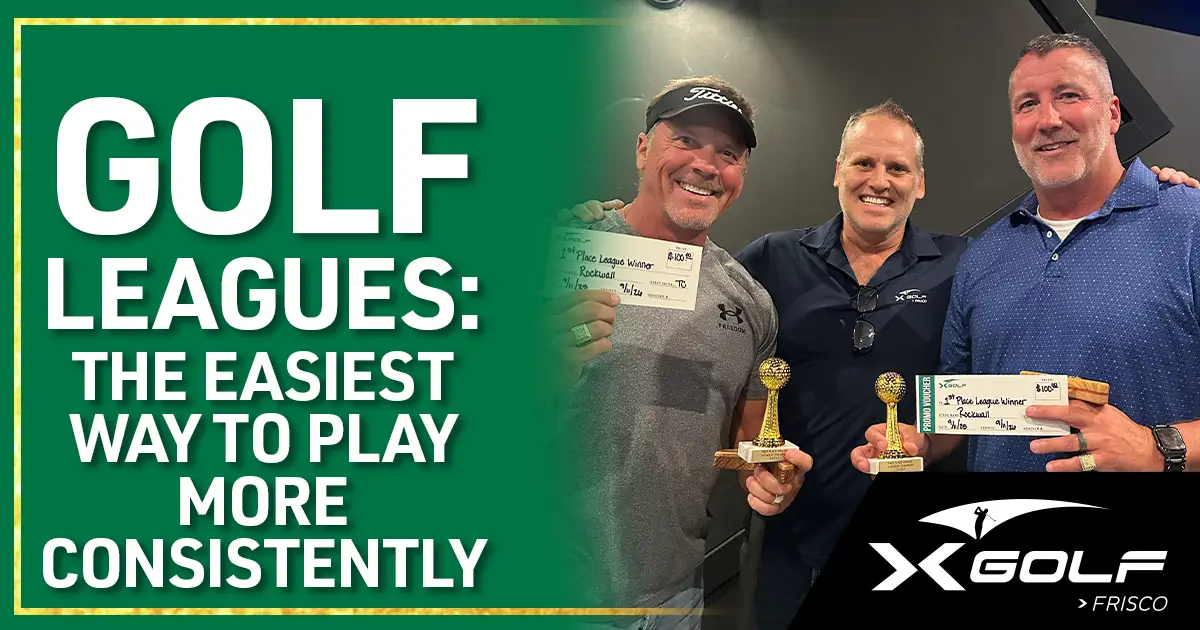 Three men holding trophies and prize checks celebrate as league winners inside X-Golf Frisco simulator bay