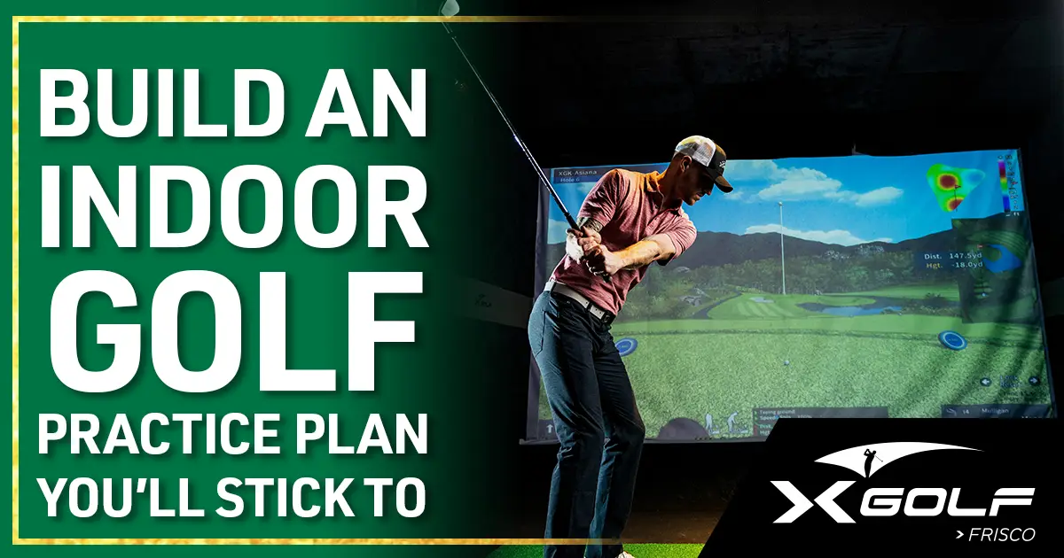 Golfer mid-backswing in X-Golf Frisco simulator bay with ball flight data displayed on screen