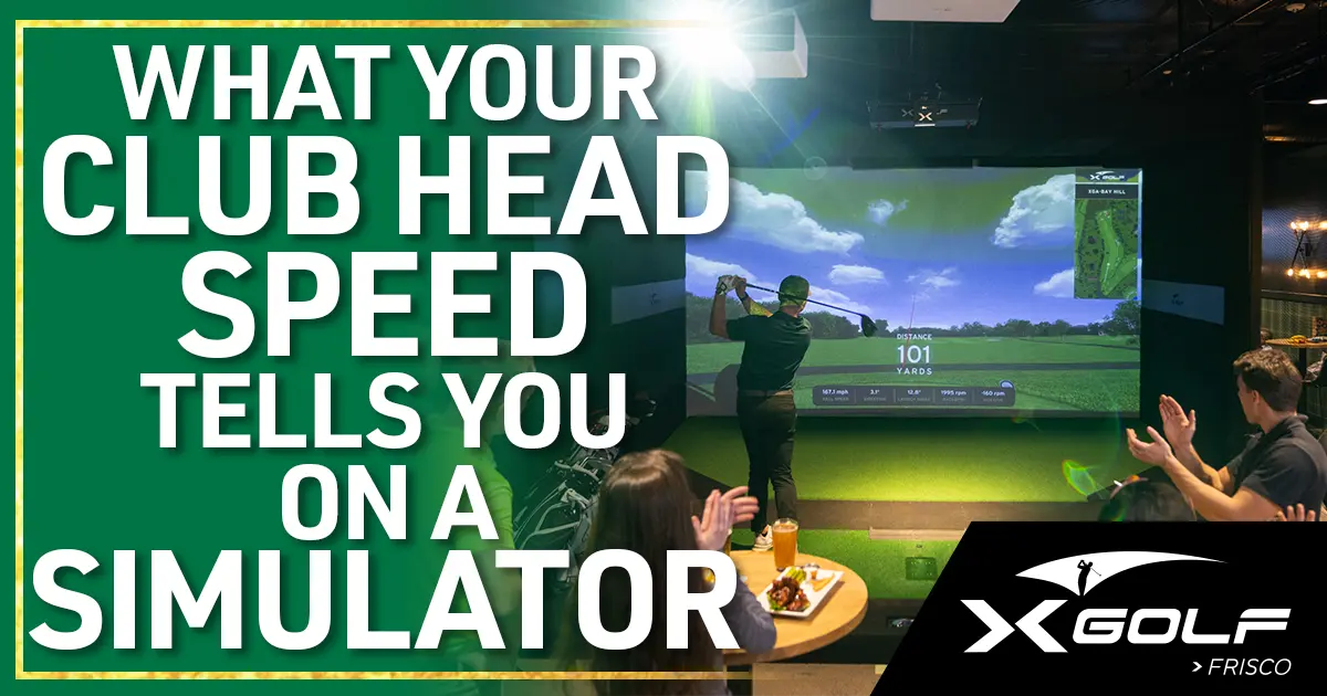 Golfer checking club head speed data on an indoor golf simulator screen at X-Golf Frisco