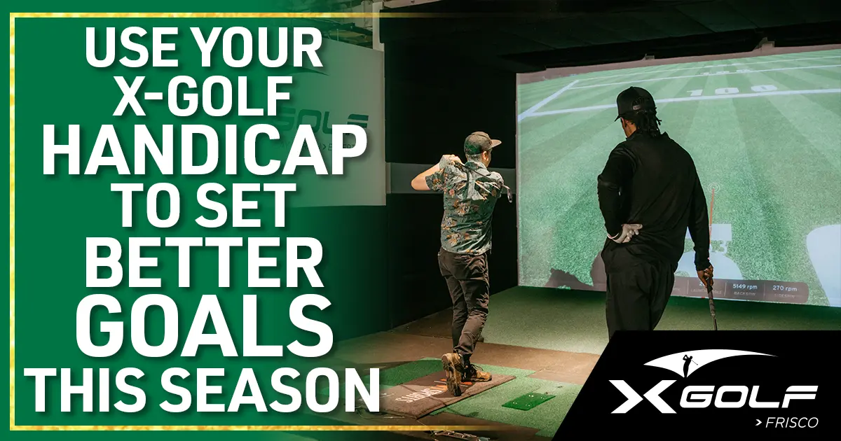Golfer reviewing handicap goals and shot data on a simulator screen at X-Golf Frisco