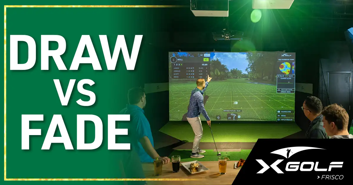 Golfer at X-Golf Frisco comparing draw and fade shot shapes on a golf simulator screen
