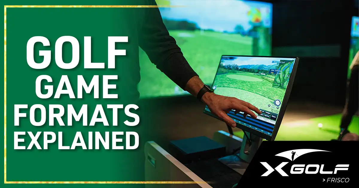 Group of golfers at X-Golf Frisco reviewing different golf game formats on a simulator display