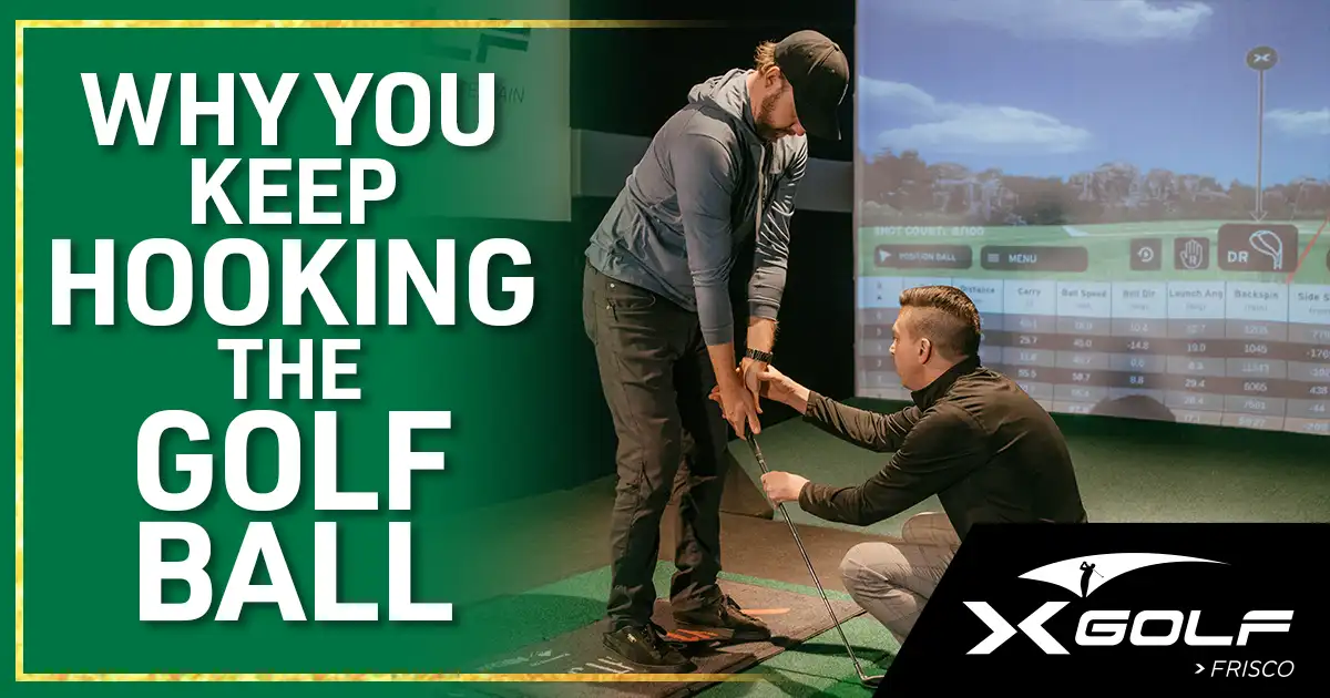 Golfer analyzing hook shot data on a golf simulator at X-Golf Frisco to fix swing path issues