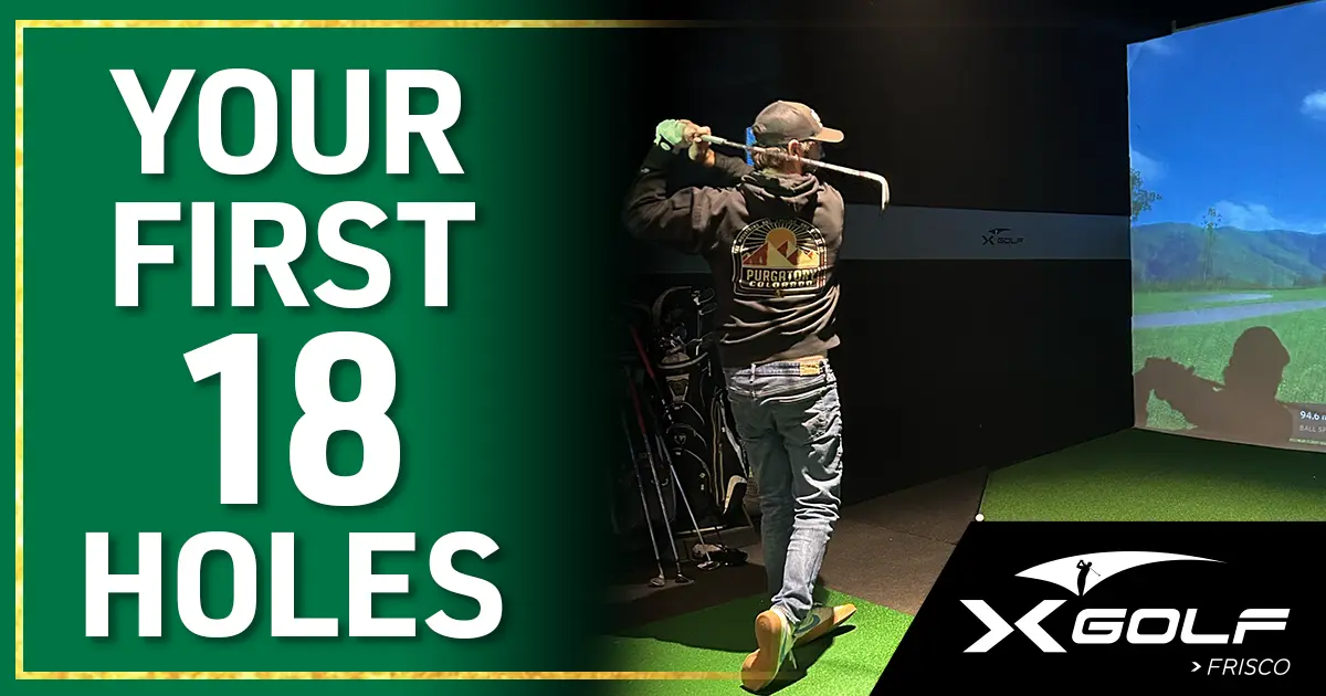 New golfer playing first 18 holes on indoor golf simulator at X-Golf Frisco