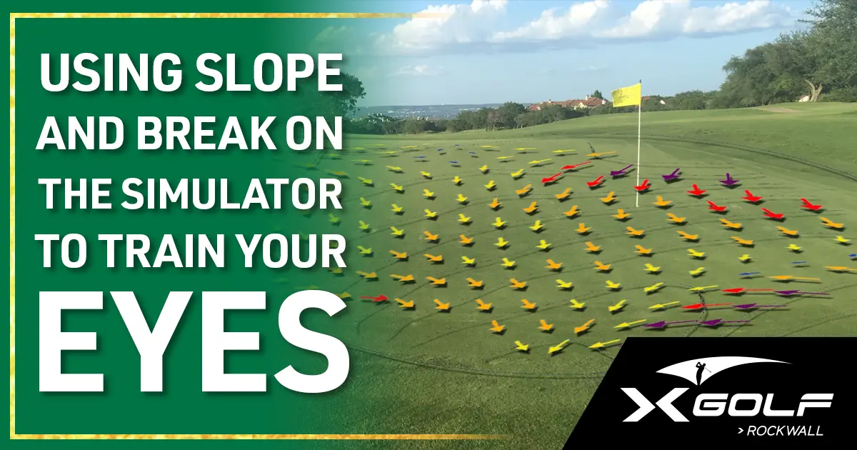 Golf green with colorful slope-reading arrows surrounding a flagstick, showing putting break directions; caption reads "Using Slope and Break on the Simulator to Train Your Eyes, X-Golf Rockwall"
