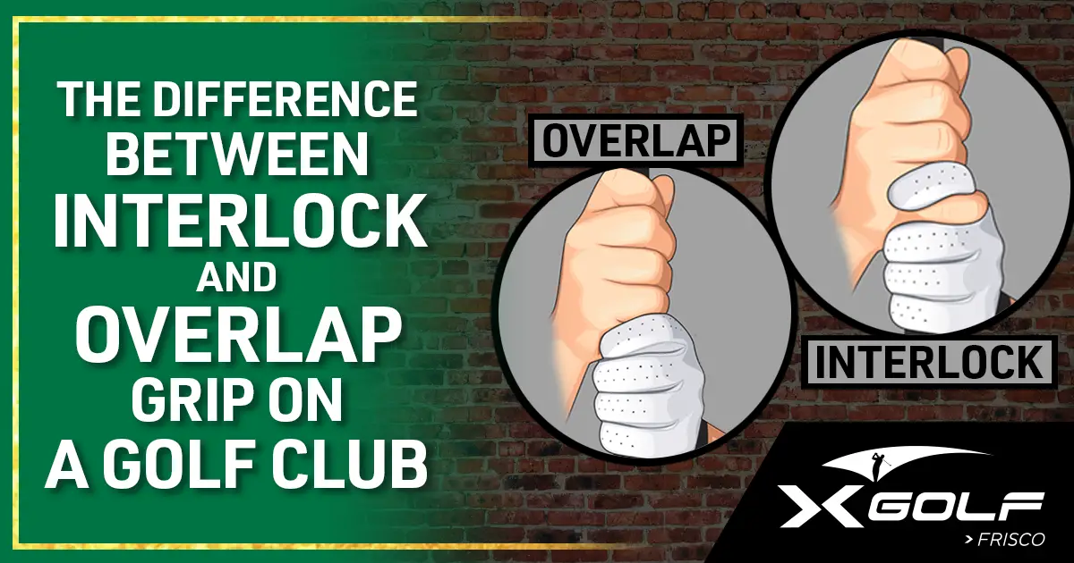 Illustrated golf grips, overlap and interlock, on brick background; caption reads: difference between interlock and overlap grip on a golf club