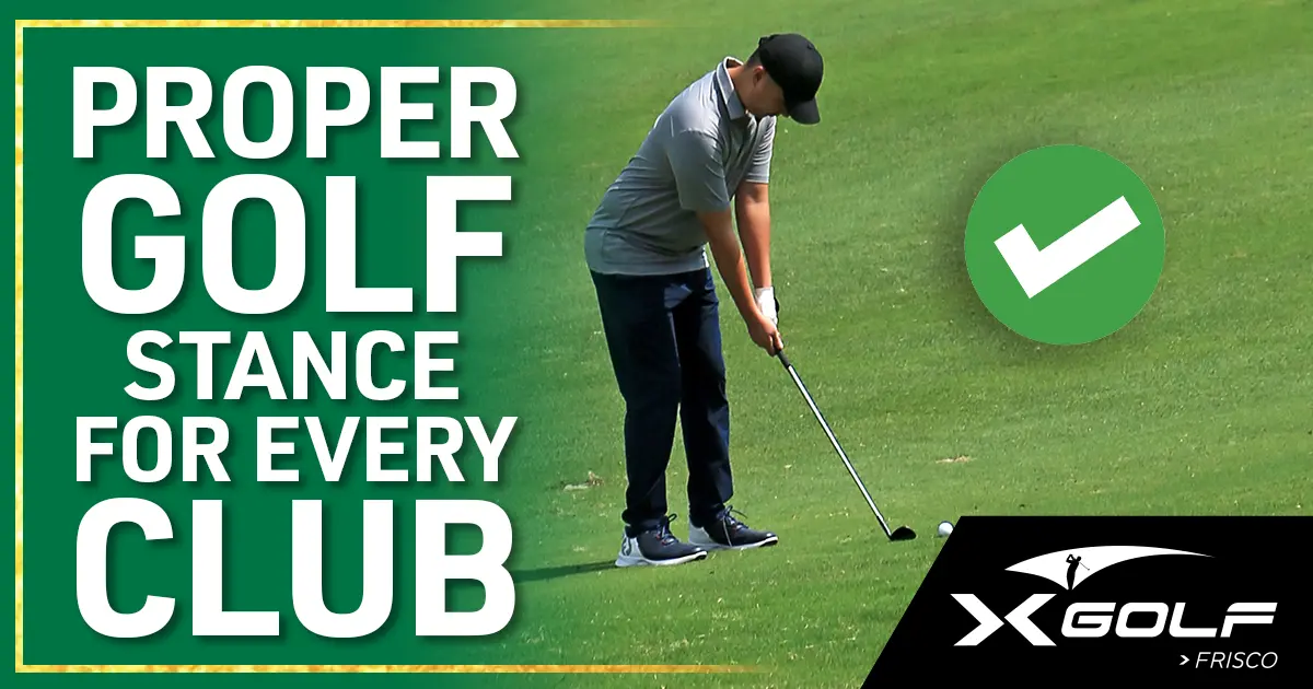 Golfer demonstrating a proper golf stance setup at X-Golf Frisco's indoor simulator